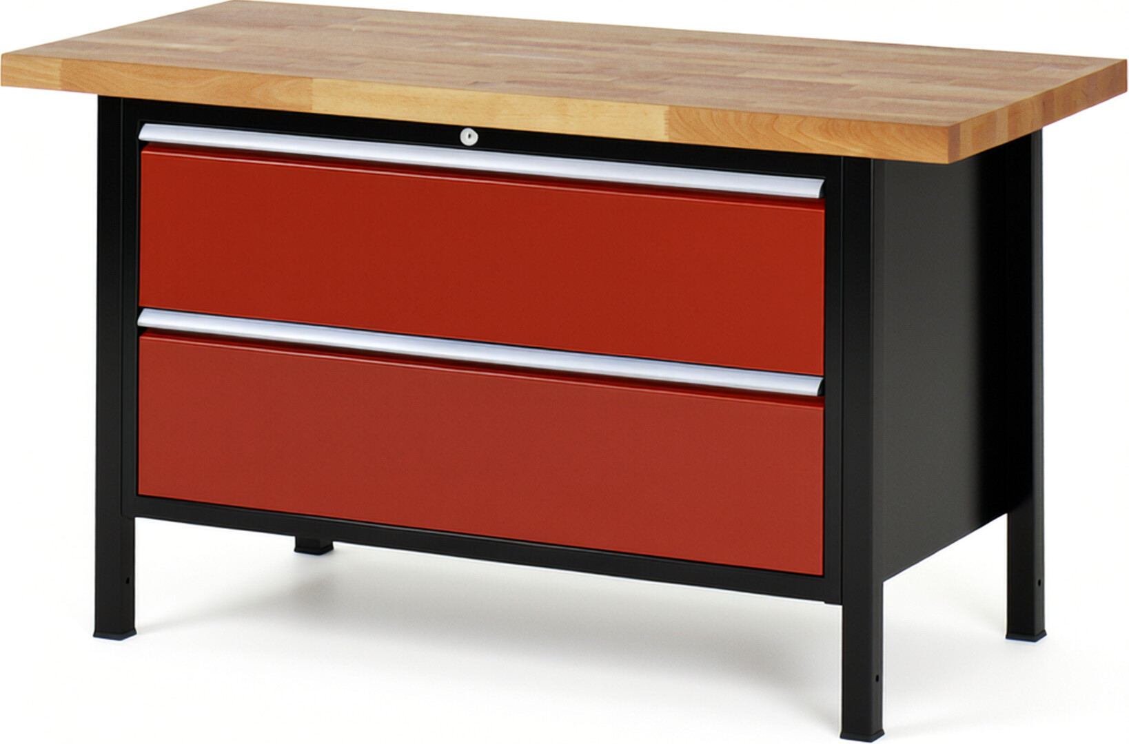 Werkbank Modell 8355 schwarz-rot, BxTxH 1500x700x840-1040 mm,  Buche-Massiv Arbeitsplatte 40 mm,  2 Schubladen mit  Auszug 90 %