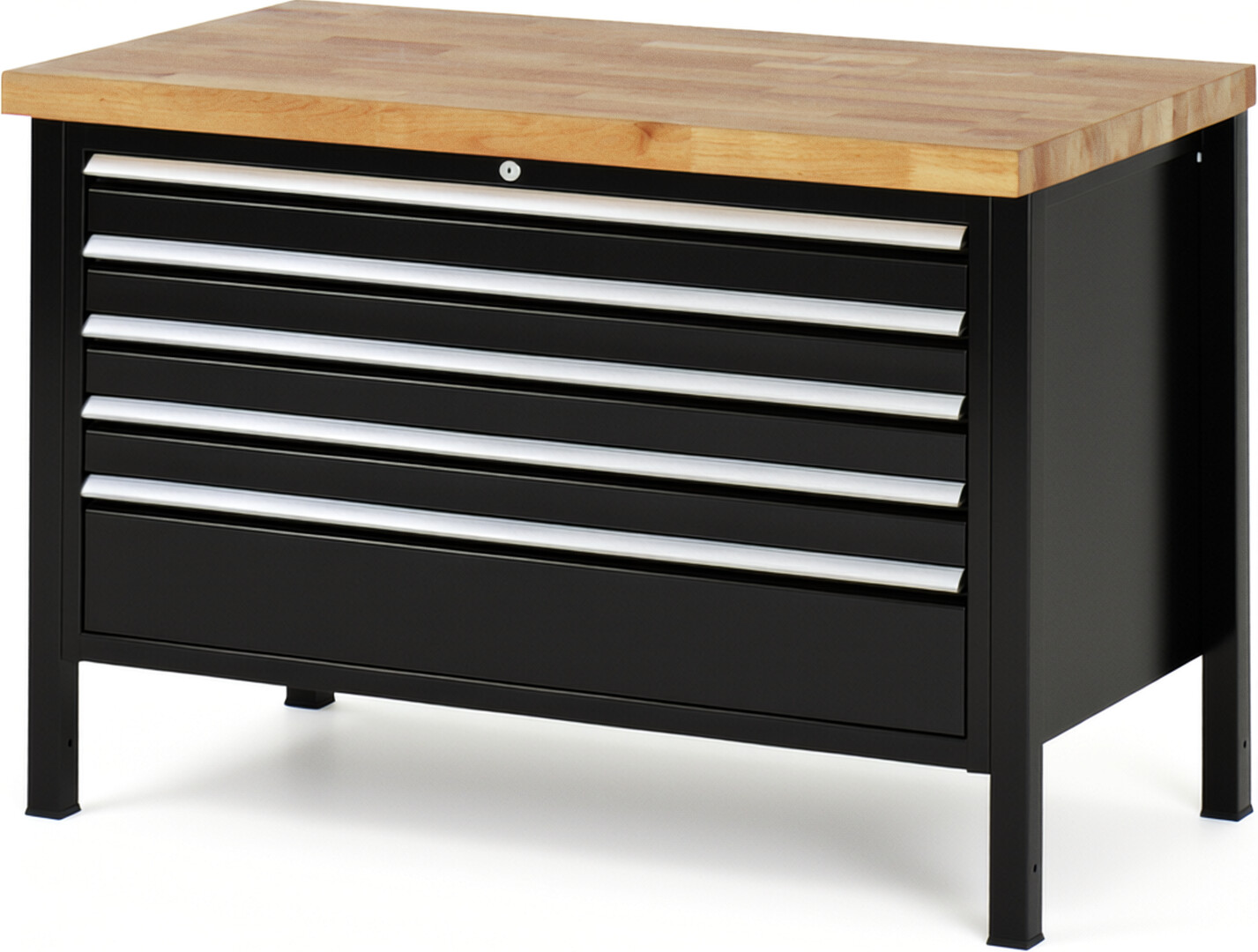 Werkbank Modell 8368 schwarz, BxTxH 1250x700x840 mm,  Buche-Massiv Arbeitsplatte 40 mm,  5 Schubladen mit  Vollauszug 100 % und  SoftClosing