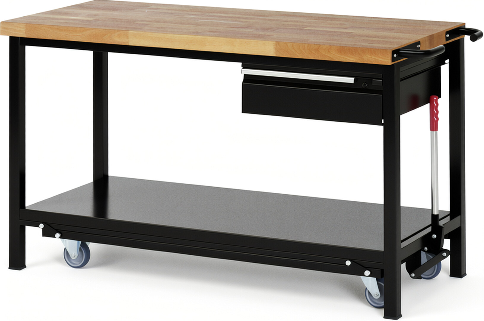 Absenkbare Werkbank - Modell 8001 BASIC schwarz, BxTxH 1500x700x880 mm,  Buche-Massiv Arbeitsplatte 40 mm,  1 Schublade mit  Auszug 90 %