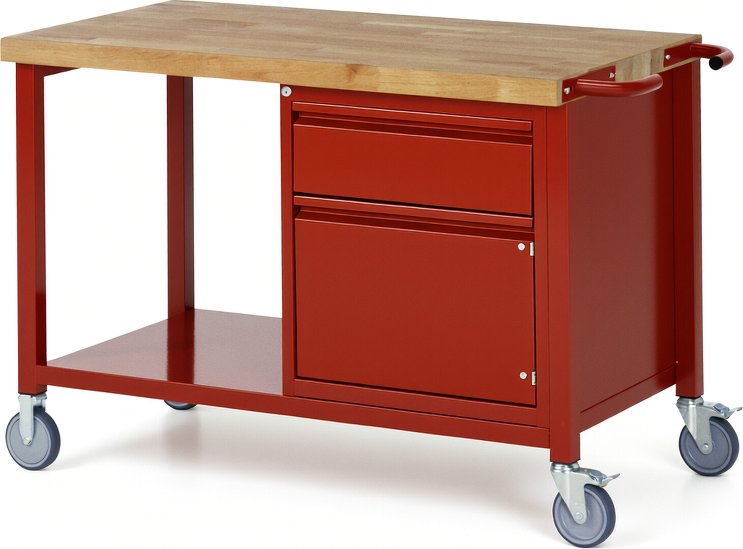 Fahrbare Werkbank - Modell 8152 BASIC rot, BxTxH 1250x700x880 mm,  Buche-Massiv Arbeitsplatte 40 mm,  1 Schublade mit  Auszug 90 %