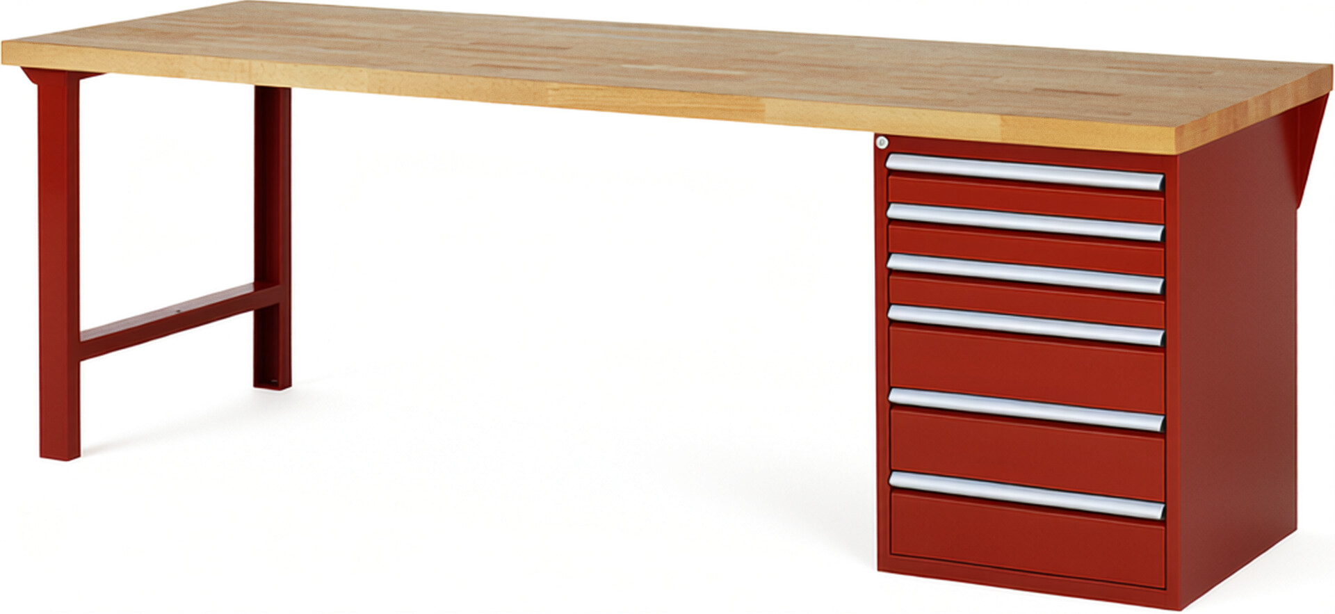 RAU Werkbank rot - Breite 250 cm - Tiefe 90 cm - Höhe 84 cm - Buche-Massiv Arbeitsplatte 40 mm