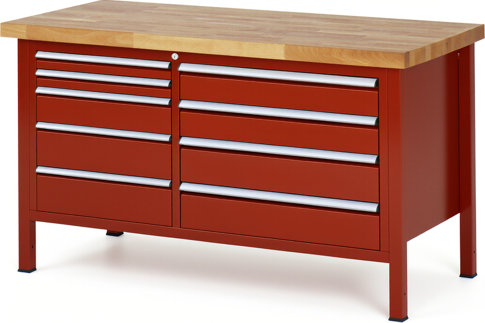 Werkbank Modell 8655 rot, BxTxH 1500x700x840 mm,  Buche-Massiv Arbeitsplatte 40 mm,  9 Schubladen mit  Vollauszug 100 % und  SoftClosing