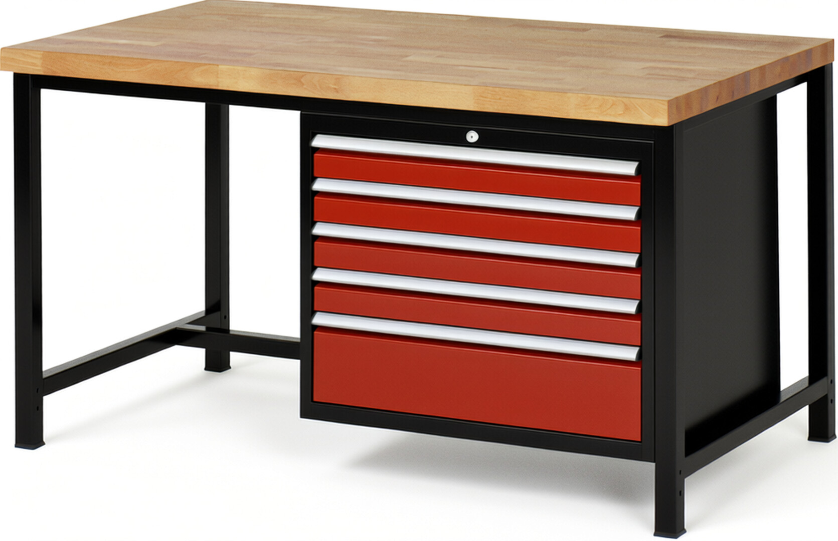 RAU Werkbank schwarz - rot - Breite 150 cm - Tiefe 90 cm - Höhe 104 cm - Buche-Massiv Arbeitsplatte 40 mm