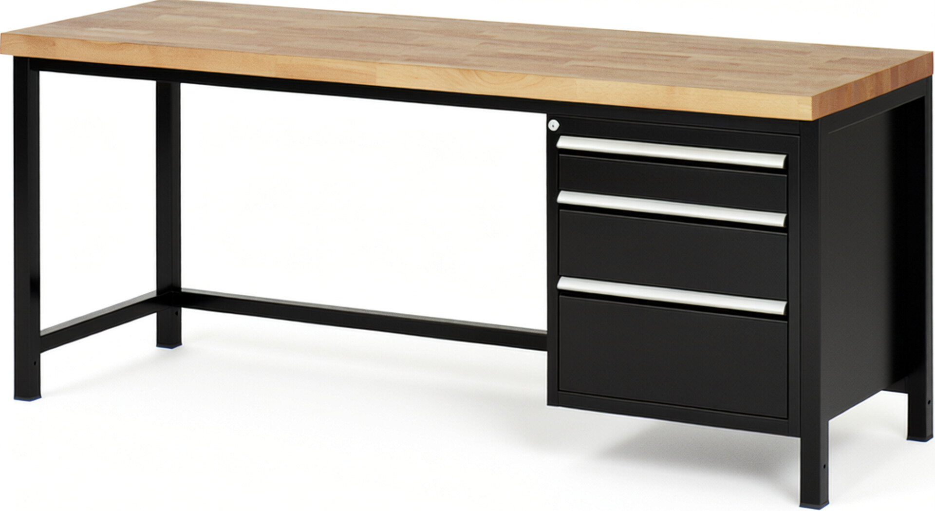Werkbank Modell 8159 schwarz, BxTxH 2000x700x840-1040 mm,  Buche-Massiv Arbeitsplatte 40 mm,  3 Schubladen mit  Auszug 90 %