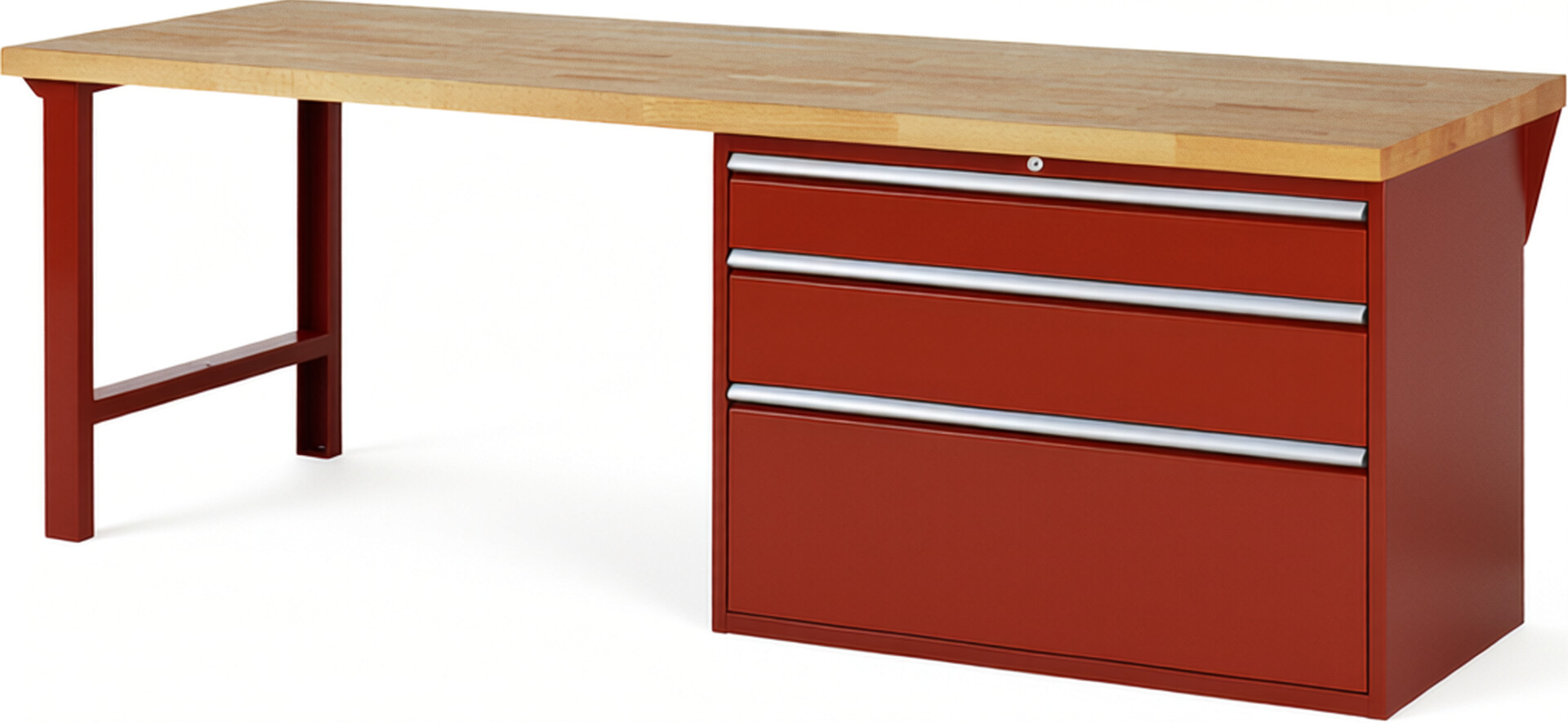 RAU Werkbank rot - Breite 250 cm - Tiefe 90 cm - Höhe 89 cm - Buche-Massiv Arbeitsplatte 40 mm