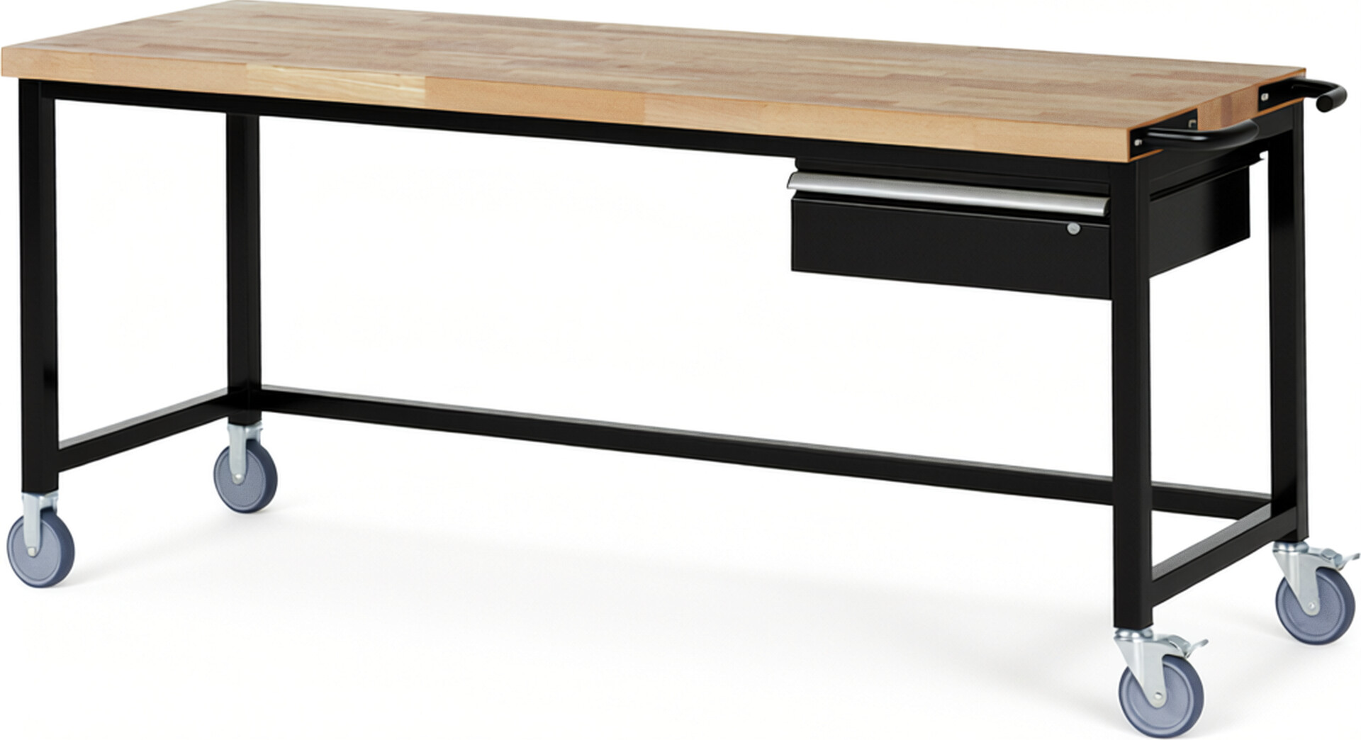 Fahrbare Werkbank Modell 8001 schwarz, BxTxH 2000x700x880-1080 mm,  Buche-Massiv Arbeitsplatte 40 mm,  1 Schublade mit  Auszug 90 %