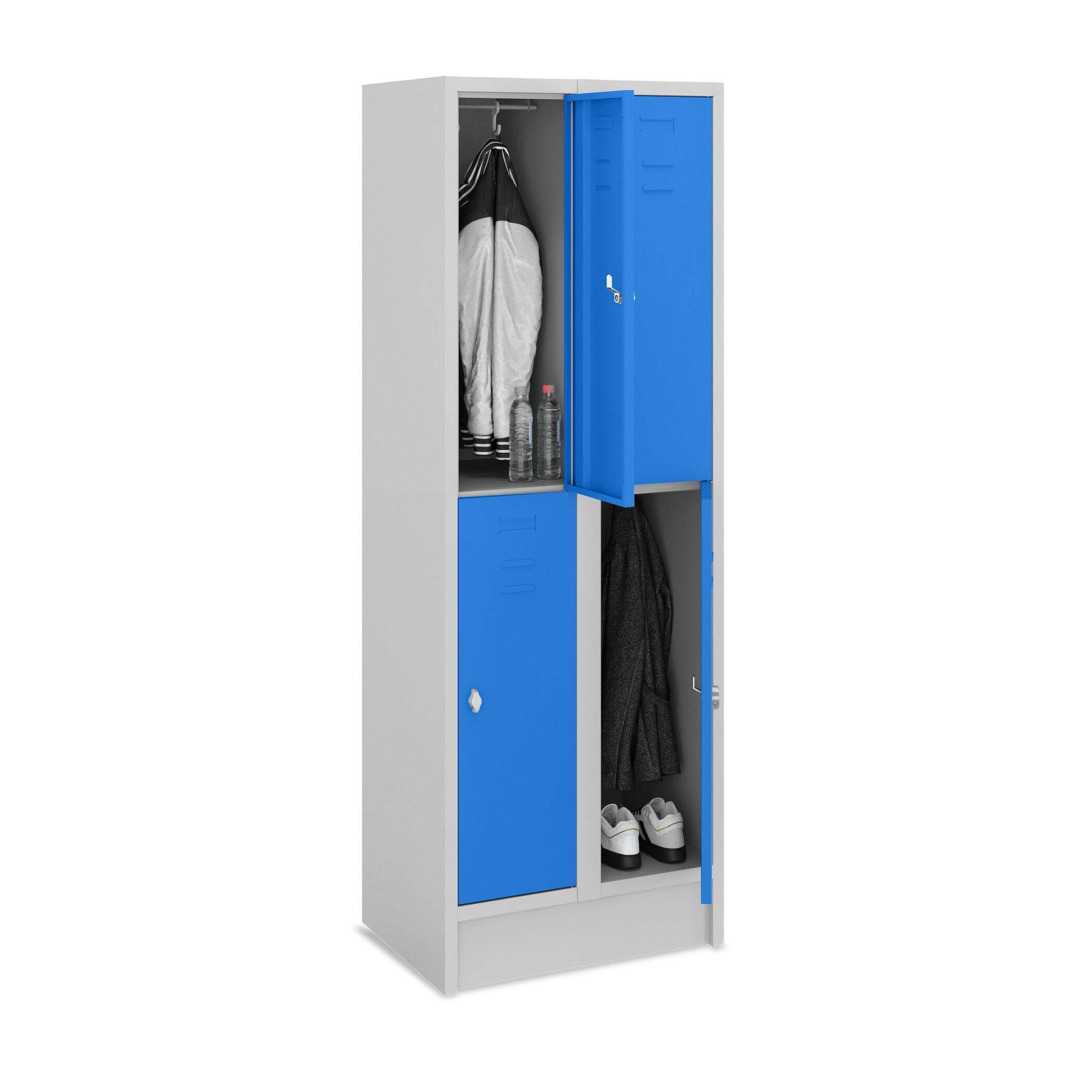 Doppelstock-Spind, 2 Abteile, 4 Fächer, Abteilbreite 30 cm, Höhe 180 cm, Breite 60 cm,  RAL 7035 Lichtgrau / RAL 5010 Enzianblau, mit Sockel, Drehriegelschloss