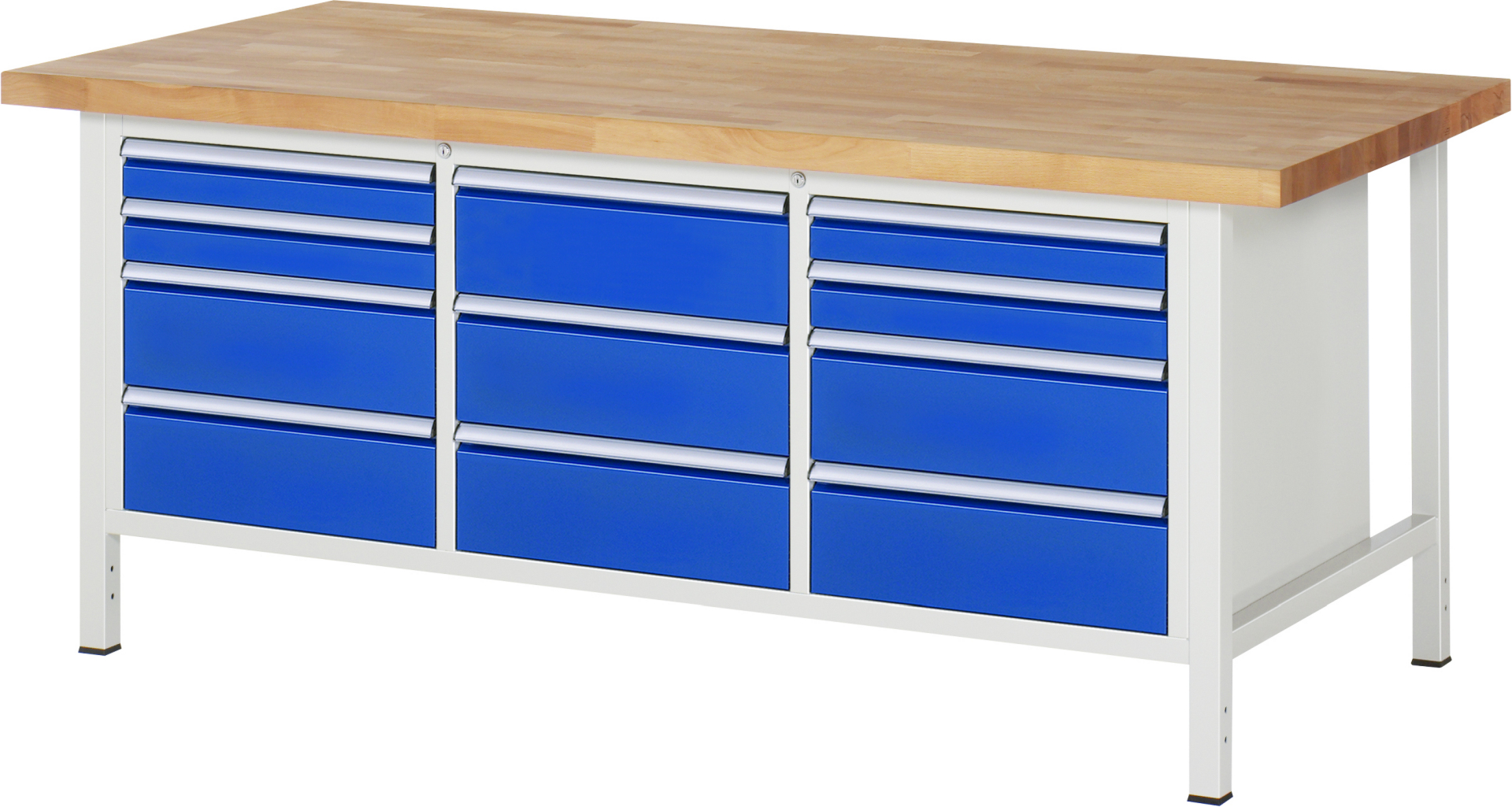 Werkbank Modell 8577 rot, BxTxH 2000x900x840 mm,  Buche-Massiv Arbeitsplatte 40 mm,  11 Schubladen mit  Auszug 90 %