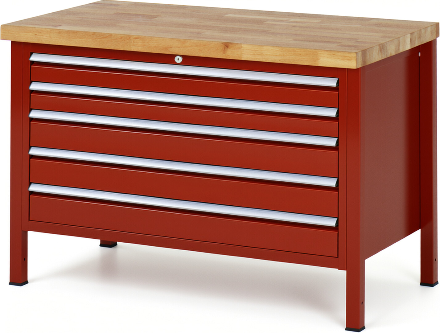 Werkbank Modell 8371 rot, BxTxH 1250x700x840 mm,  Buche-Massiv Arbeitsplatte 40 mm,  5 Schubladen mit  Vollauszug 100 % und  SoftClosing