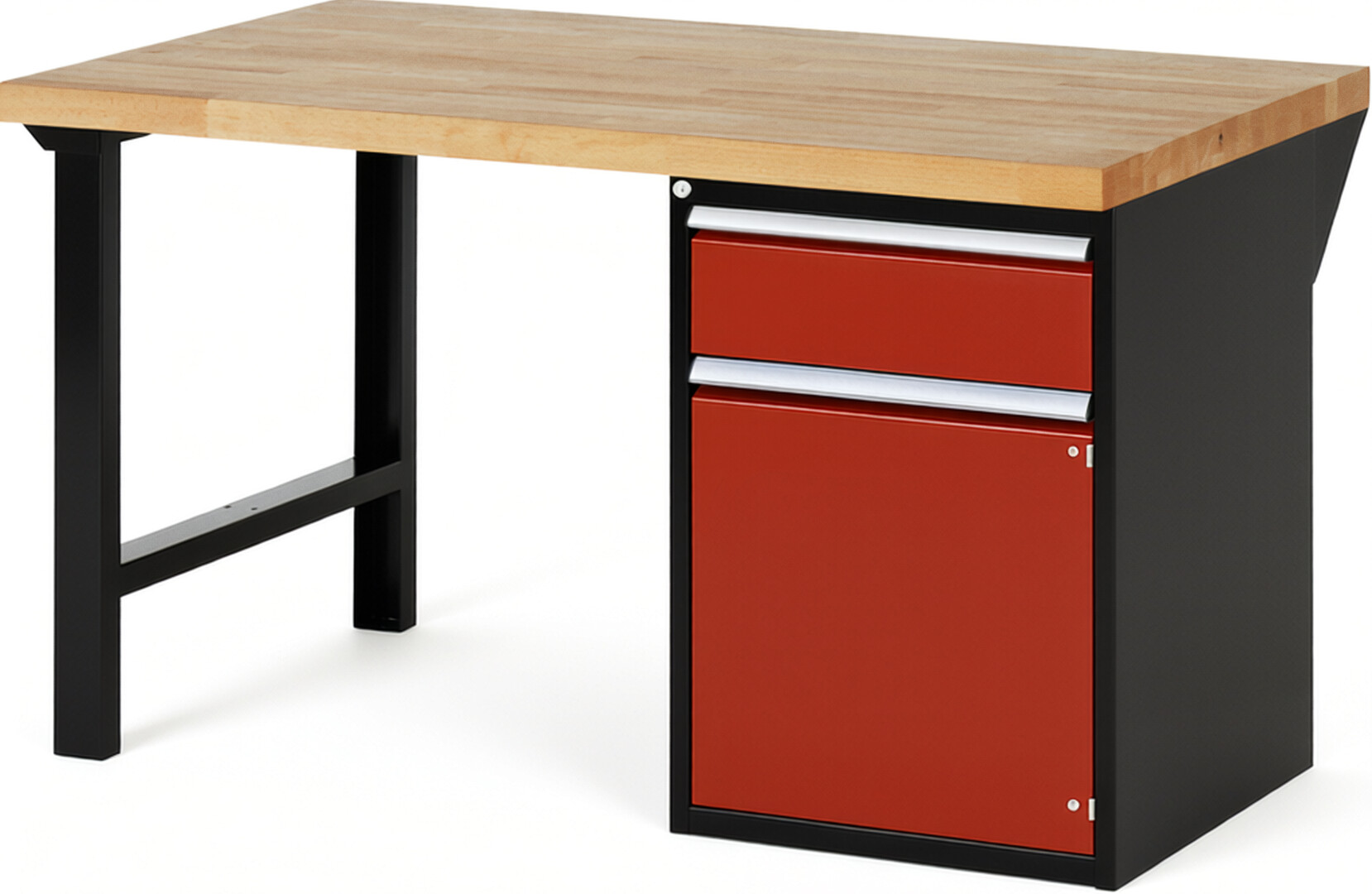 RAU Werkbank schwarz - rot - Breite 150 cm - Tiefe 90 cm - Höhe 84 cm - Buche-Massiv Arbeitsplatte 40 mm