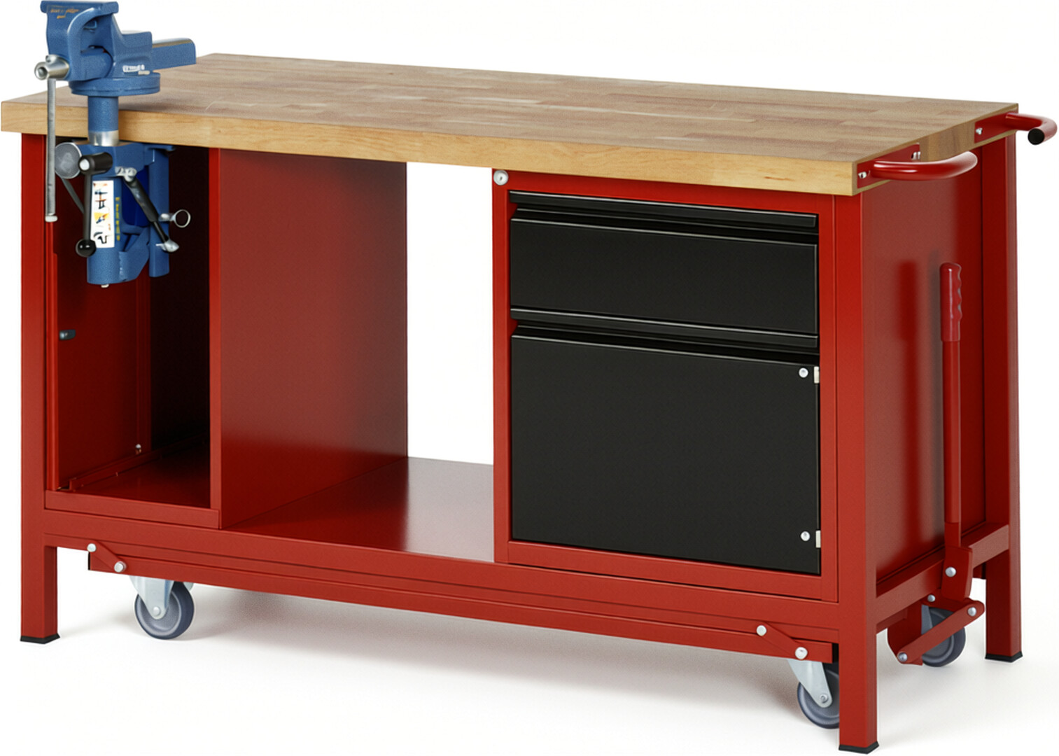 Absenkbare Werkbank - Modell 8181 BASIC rot - schwarz, BxTxH 1500x700x880 mm,  Buche-Massiv Arbeitsplatte 40 mm,  1 Schublade mit  Auszug 90 %