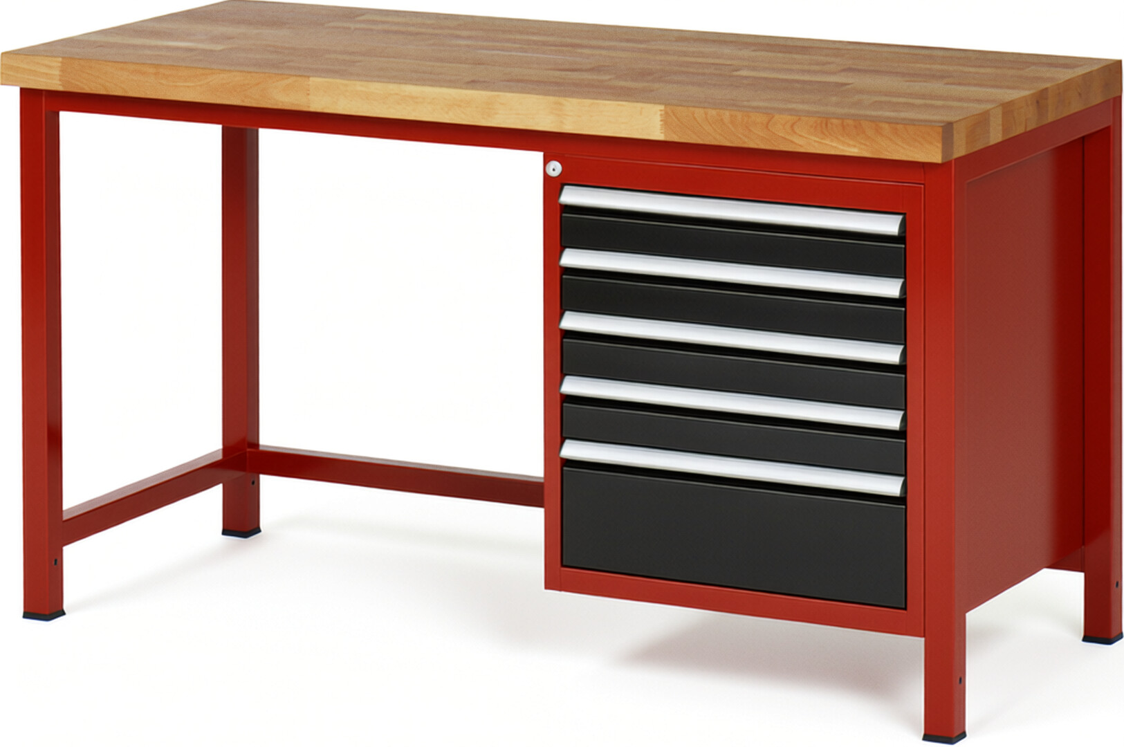 Werkbank Modell 8168 rot - schwarz, BxTxH 1500x700x840-1040 mm,  Buche-Massiv Arbeitsplatte 40 mm,  5 Schubladen mit  Vollauszug 100 % und  SoftClosing