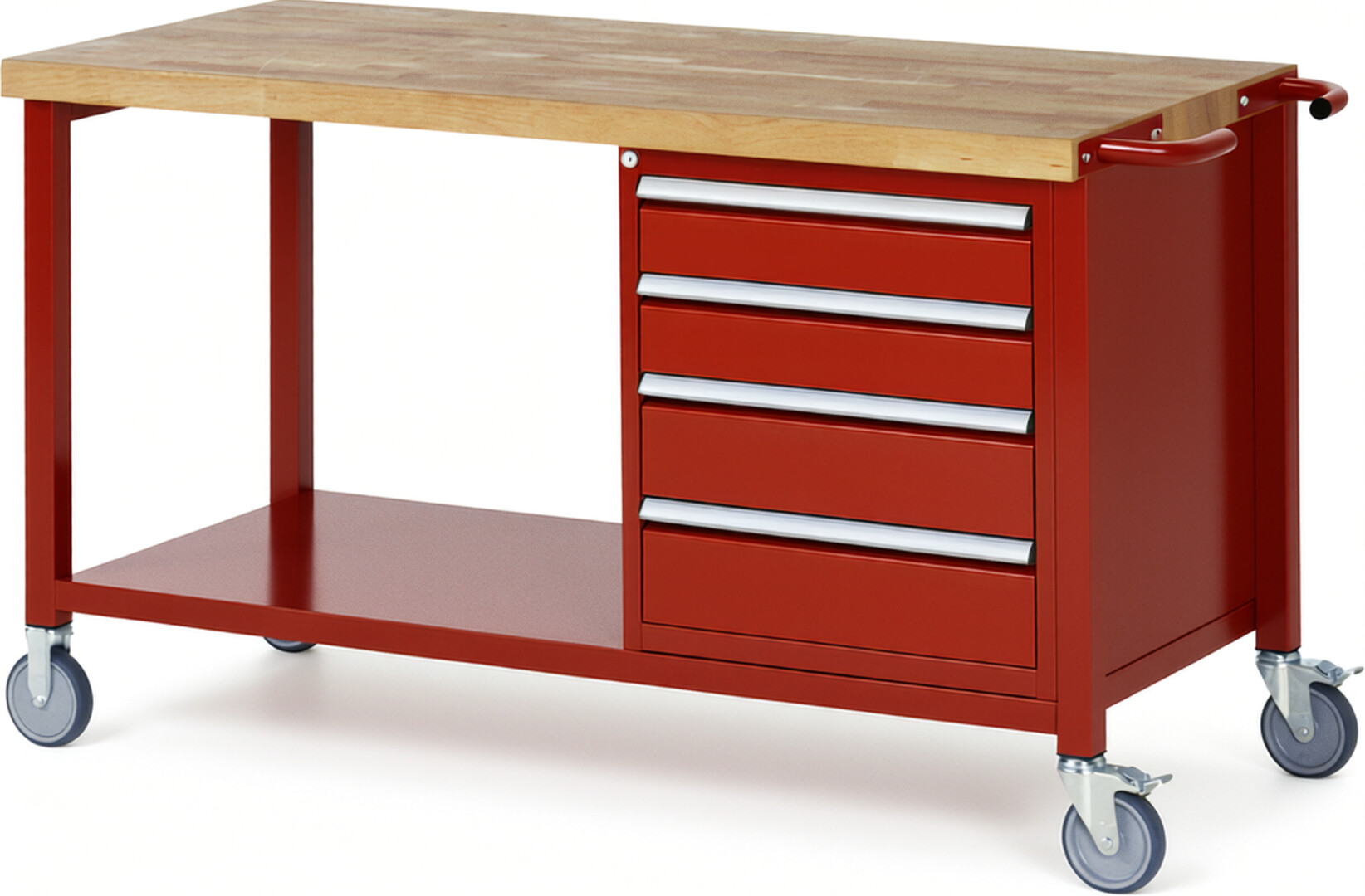 Fahrbare Werkbank Modell 8162 rot, BxTxH 1500x700x880 mm,  Buche-Massiv Arbeitsplatte 40 mm,  4 Schubladen mit  Auszug 90 %