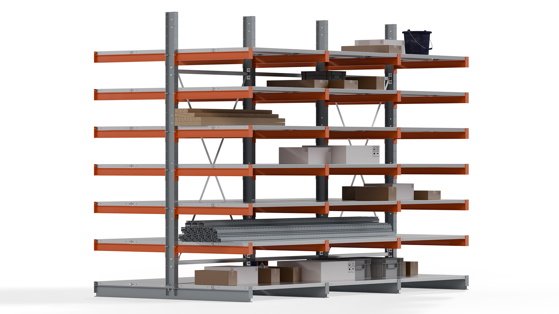 Kragarmregal KARL basic - lackiert - Breite: 384 cm - Höhe: 300 cm - Tiefe: 100 cm - Traglast je Kragarm: 450 kg - beidseitig