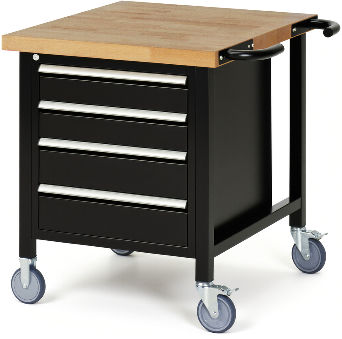 Fahrbare Werkbank Modell 8162 schwarz, BxTxH 750x900x880 mm,  Buche-Massiv Arbeitsplatte 40 mm,  4 Schubladen mit  Vollauszug 100 % und  SoftClosing