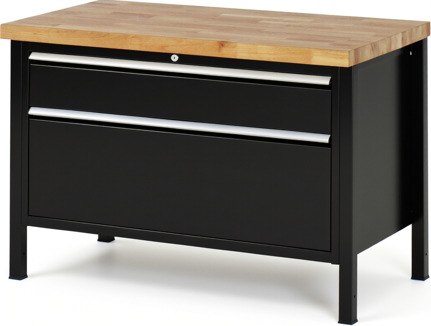 Werkbank Modell 8356 schwarz, BxTxH 1250x700x840 mm,  Buche-Massiv Arbeitsplatte 40 mm,  2 Schubladen mit  Auszug 90 %