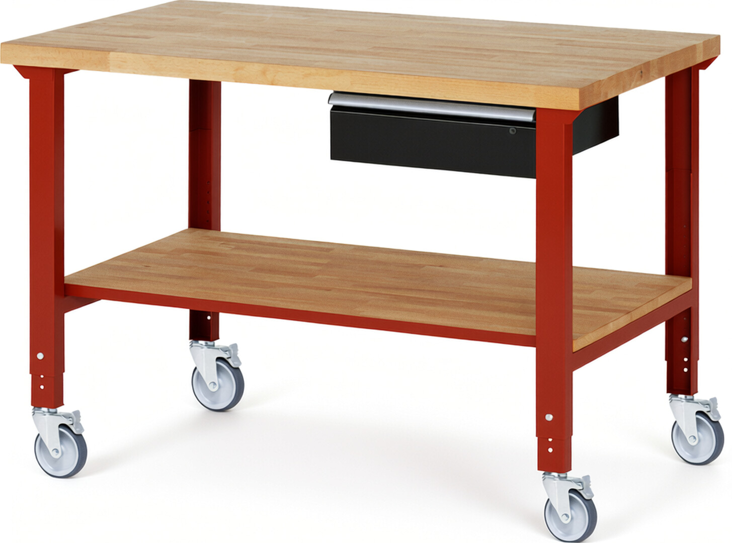 RAU Werkbank rot - schwarz - Breite 150 cm - Tiefe 90 cm - Höhe 100 cm - Buche-Massiv Arbeitsplatte 40 mm