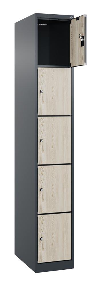 Fächerschrank mit MDF Türen, BxTxH 300x500x1.850 mm, 1x5 Fächer, Abteilbreite 300 mm, bodenstehend, Schloss, HPL-Dekorfront, RAL 7016/Dekor Esche