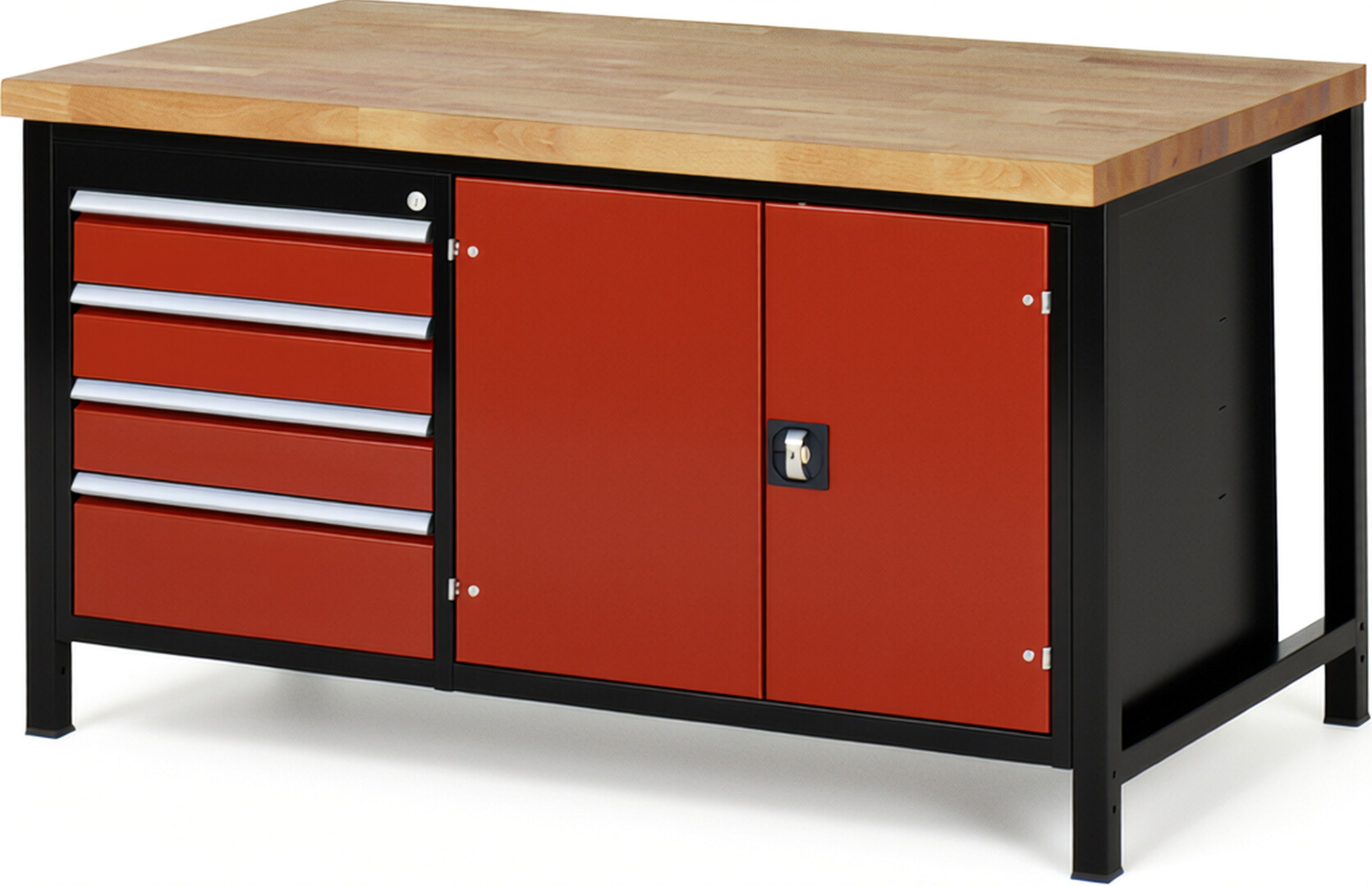 RAU Werkbank schwarz - rot - Breite 150 cm - Tiefe 90 cm - Höhe 104 cm - Buche-Massiv Arbeitsplatte 40 mm