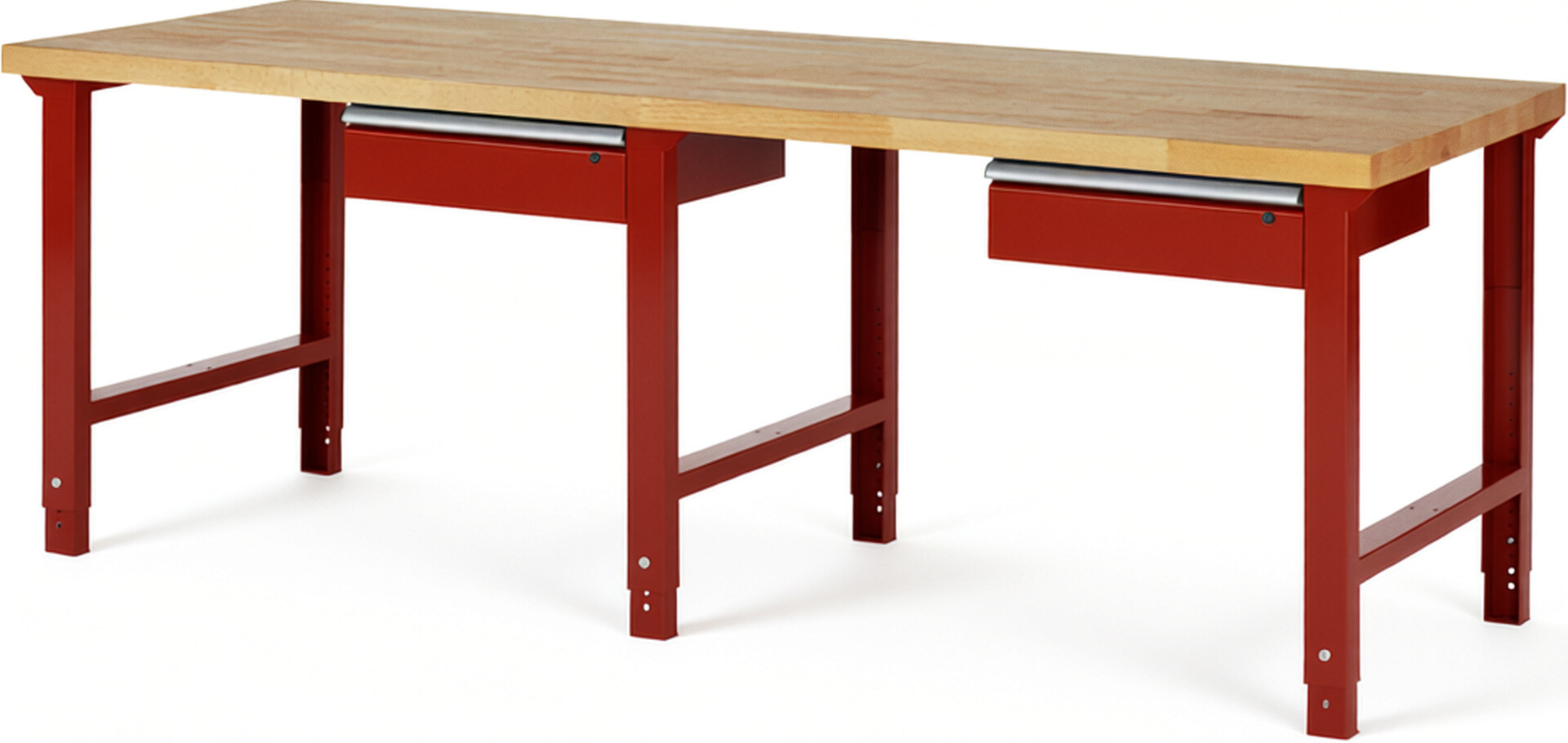 Werkbank Modell 7001 rot, BxTxH 2500x900x790-1140 mm,  Buche-Massiv Arbeitsplatte 40 mm,  2 Schubladen mit  Auszug 90 %