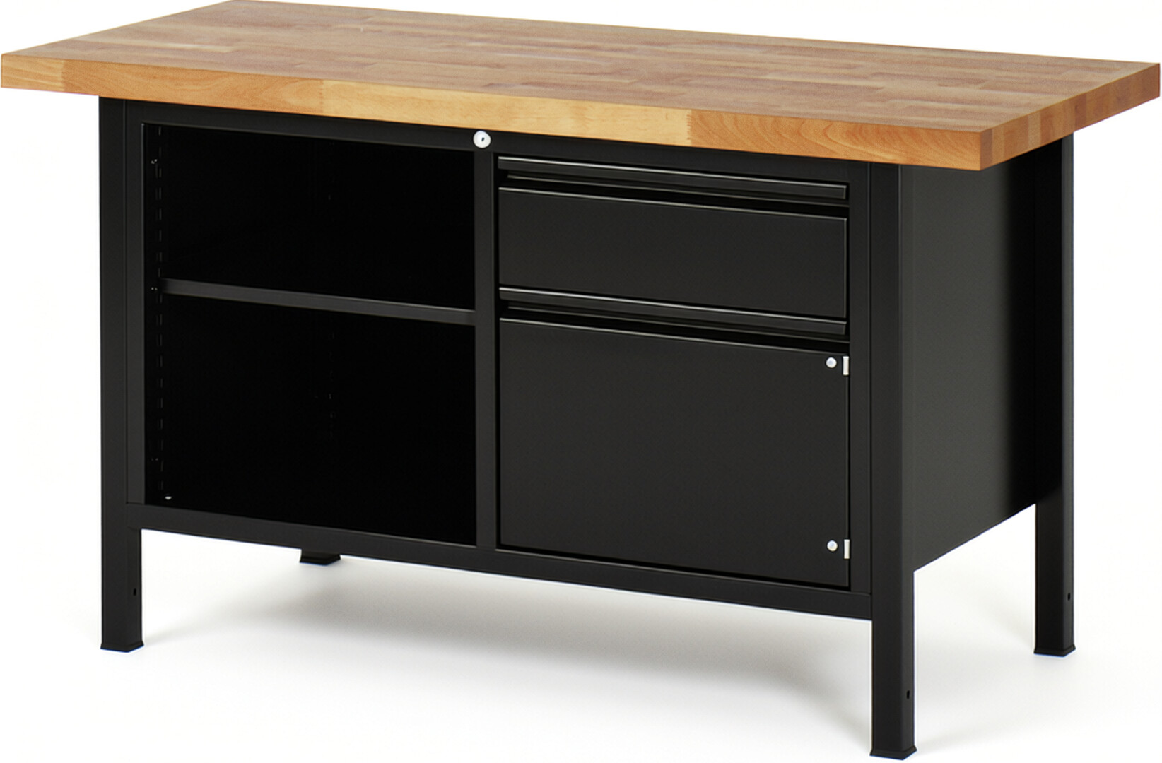 Werkbank - Modell 8461 BASIC schwarz, BxTxH 1500x700x840-1040 mm,  Buche-Massiv Arbeitsplatte 40 mm,  1 Schublade mit  Auszug 90 %