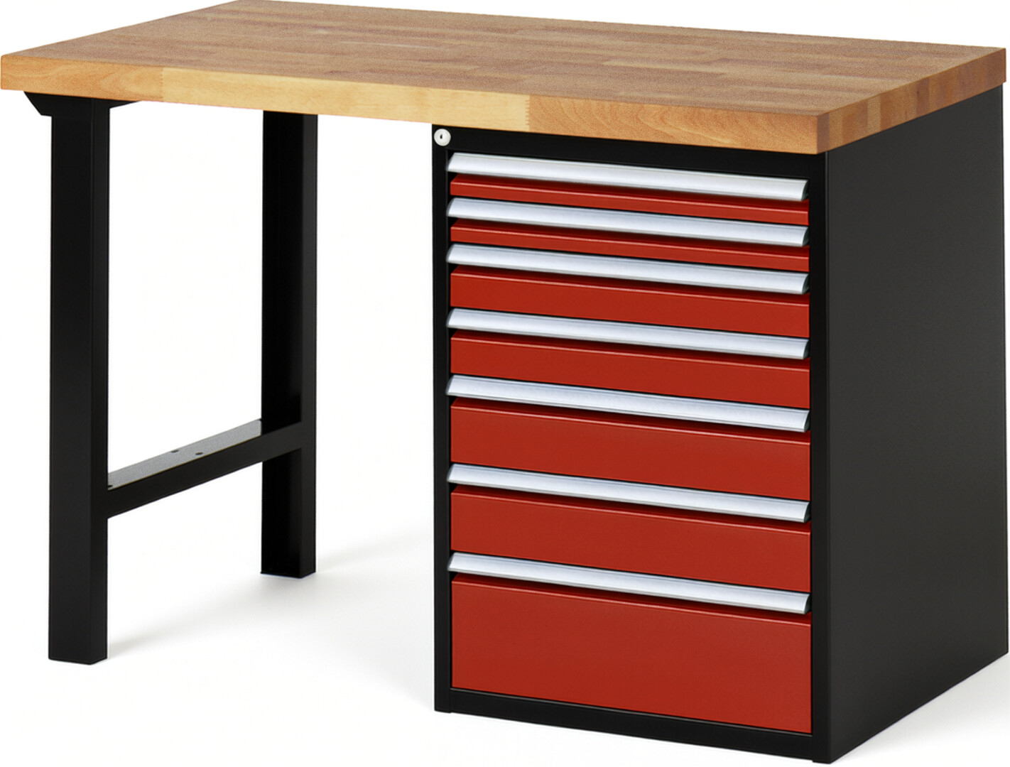 RAU Werkbank schwarz - rot - Breite 125 cm - Tiefe 70 cm - Höhe 89 cm - Buche-Massiv Arbeitsplatte 40 mm