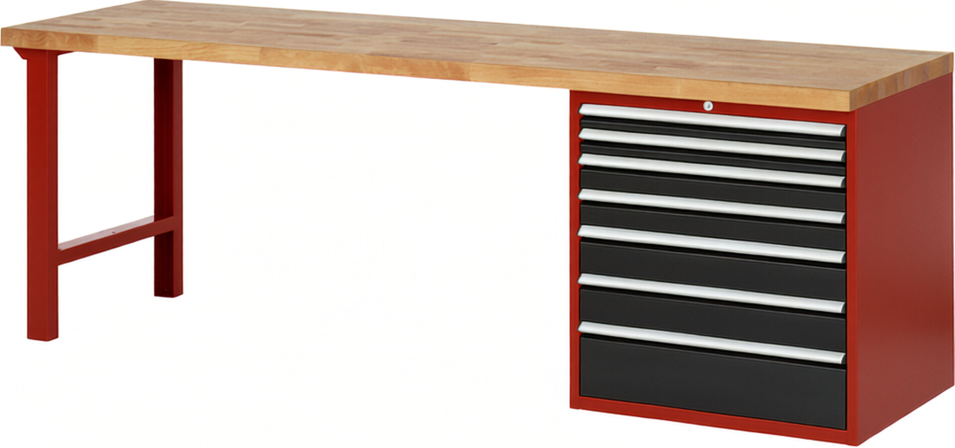 Werkbank Modell 7617 rot - schwarz, BxTxH 2500x700x840 mm,  Buche-Massiv Arbeitsplatte 40 mm,  7 Schubladen mit  Auszug 90 %