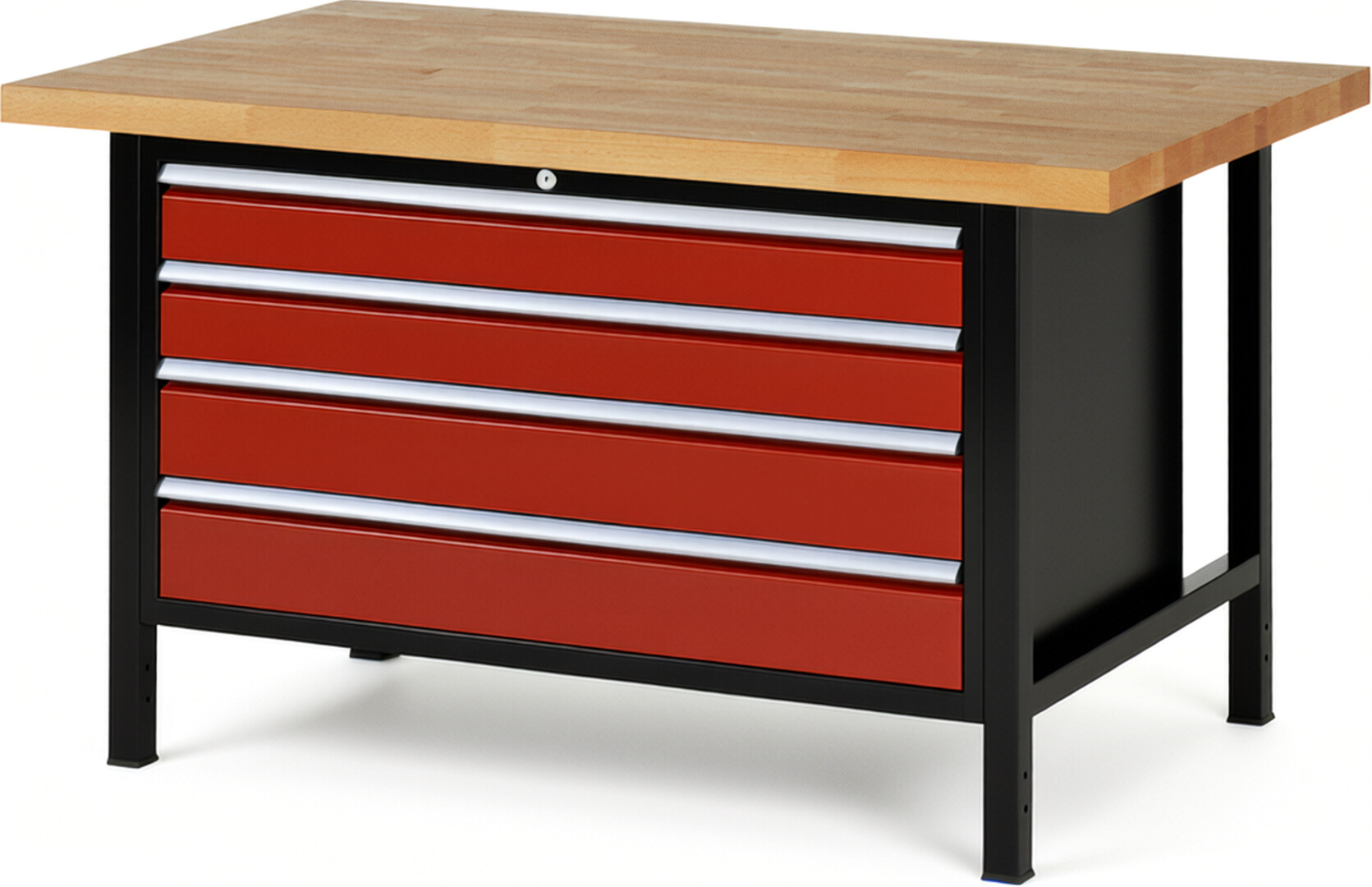 RAU Werkbank schwarz - rot - Breite 150 cm - Tiefe 90 cm - Höhe 104 cm - Buche-Massiv Arbeitsplatte 40 mm