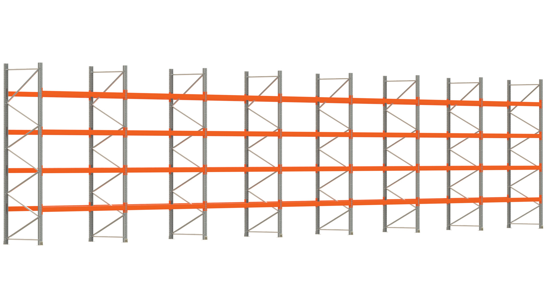 Palettenregal ARTUS - Breite 1958 cm - Höhe 400 cm - Tiefe 110 cm - 4 Träger-Ebenen - Fachlast 2325 kg - 105 Palettenstellplätze
