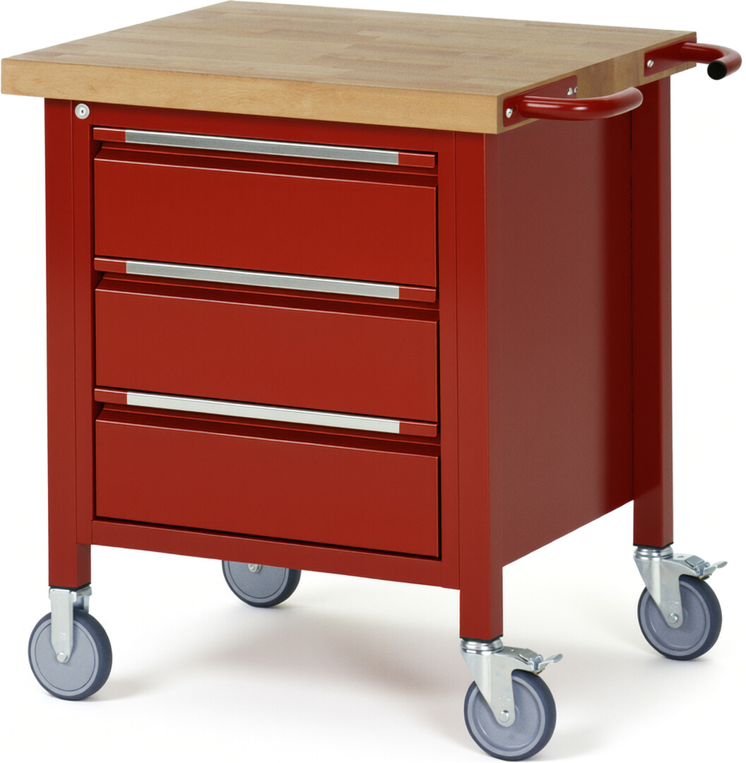 Fahrbare Werkbank - Modell 8157 BASIC rot, BxTxH 750x700x880 mm,  Buche-Massiv Arbeitsplatte 40 mm,  3 Schubladen mit  Auszug 90 %