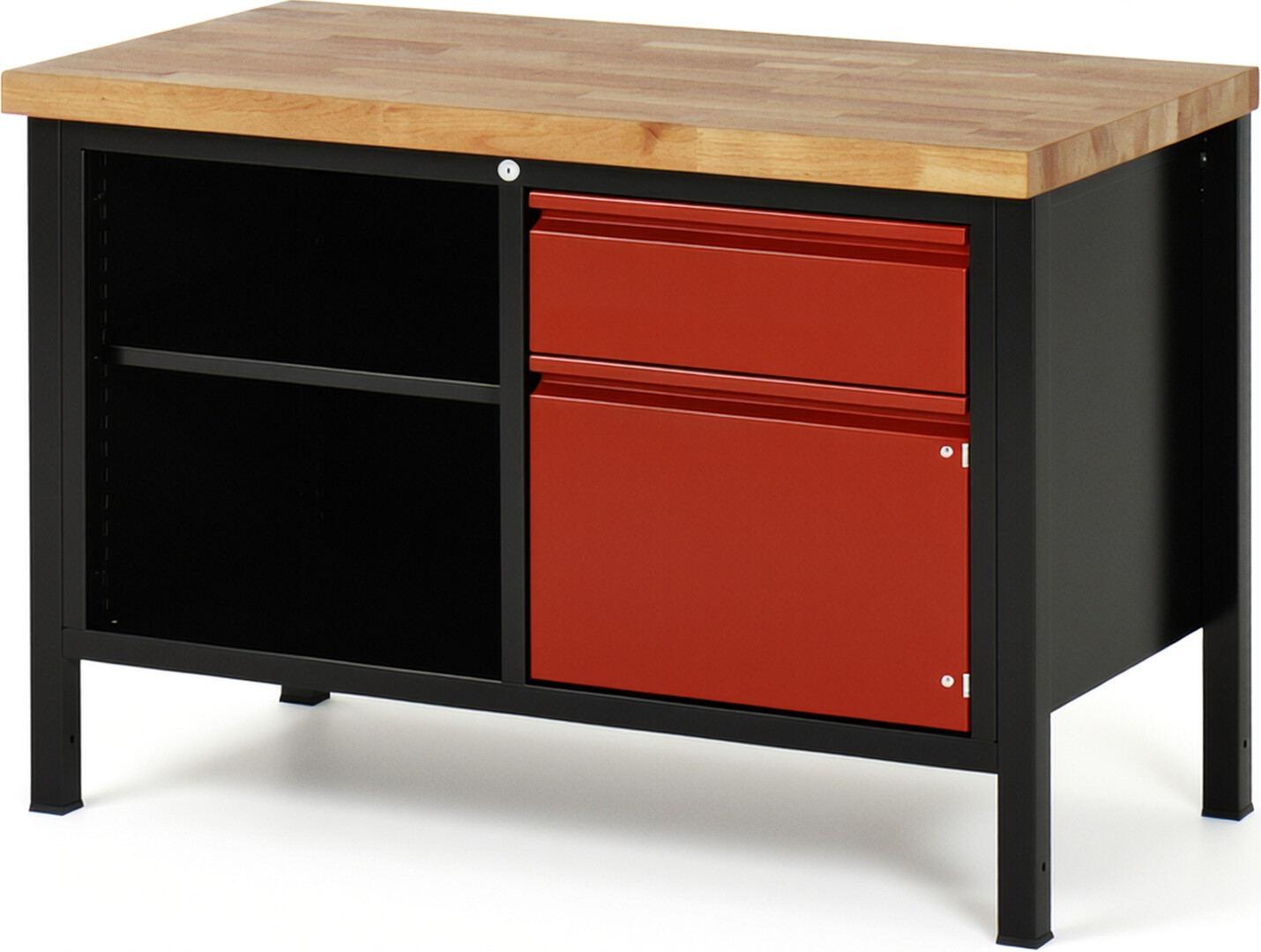 RAU Werkbank schwarz - rot - Breite 125 cm - Tiefe 70 cm - Höhe 104 cm - Buche-Massiv Arbeitsplatte 40 mm