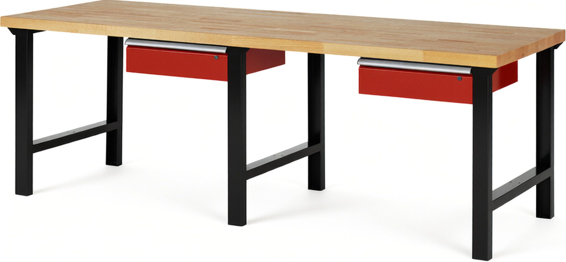 RAU Werkbank schwarz - rot - Breite 250 cm - Tiefe 90 cm - Höhe 84 cm - Buche-Massiv Arbeitsplatte 40 mm