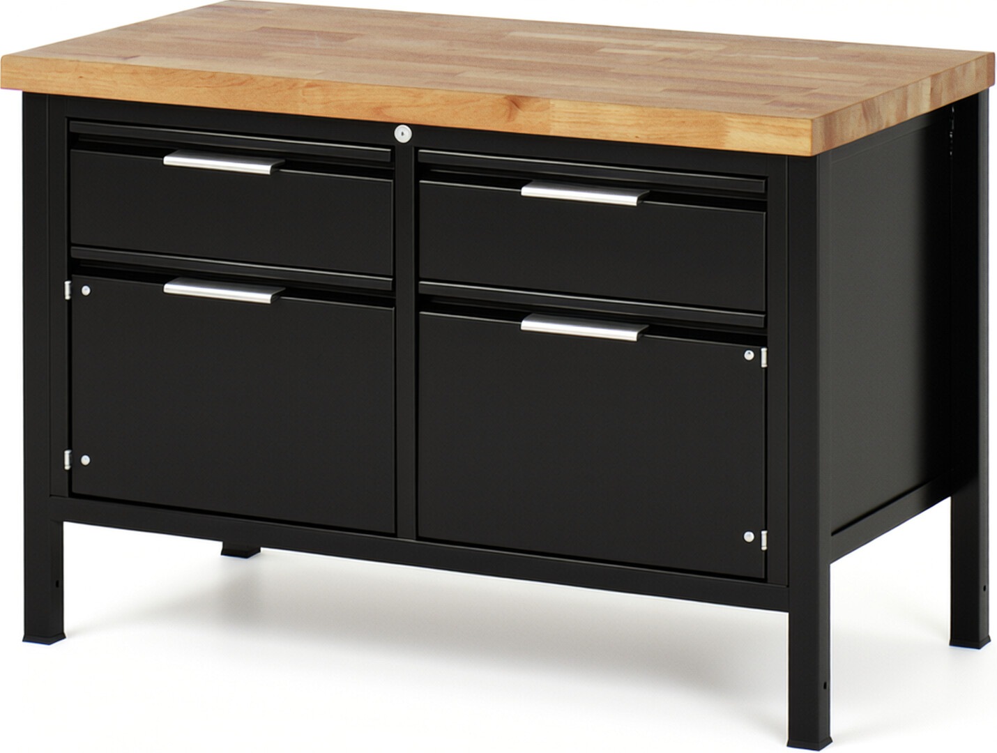 Werkbank schwarz, BxTxH 1250x700x840-1040 mm, Platte Buche 40 mm, 2 Schubladen 180 mm, 2 Türen 360 mm, RAL 9011/9011