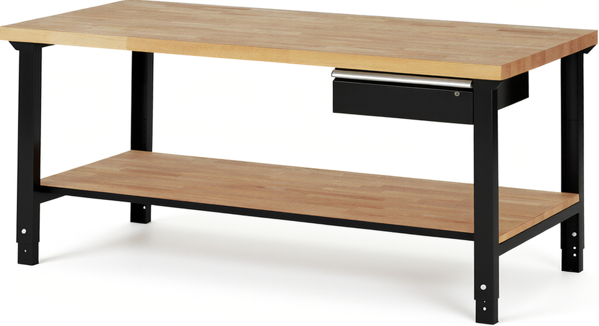 Werkbank Modell 7001 schwarz, BxTxH 2000x900x790-1140 mm,  Buche-Massiv Arbeitsplatte 40 mm,  1 Schublade mit  Auszug 90 %