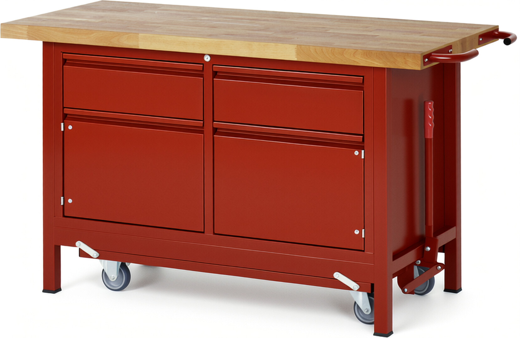 Absenkbare Werkbank - Modell 8466 BASIC rot, BxTxH 1500x700x880 mm,  Buche-Massiv Arbeitsplatte 40 mm,  2 Schubladen mit  Auszug 90 %