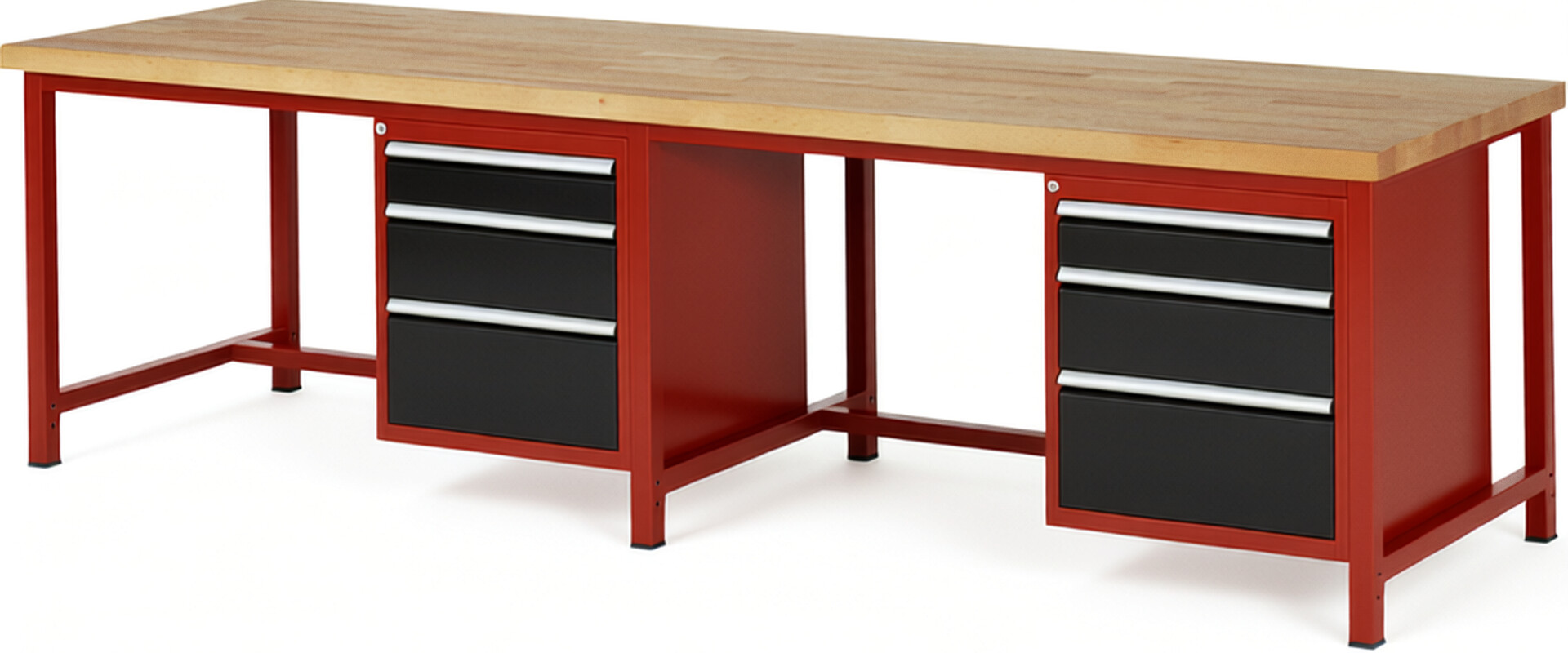 Werkbank Modell 8159 rot - schwarz, BxTxH 3000x900x840-1040 mm,  Buche-Massiv Arbeitsplatte 40 mm,  6 Schubladen mit  Auszug 90 %