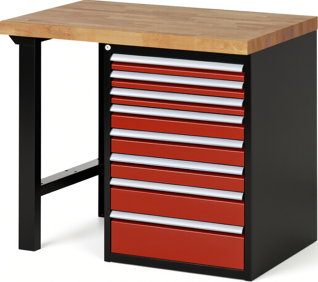 RAU Werkbank schwarz - rot - Breite 100 cm - Tiefe 70 cm - Höhe 89 cm - Buche-Massiv Arbeitsplatte 40 mm