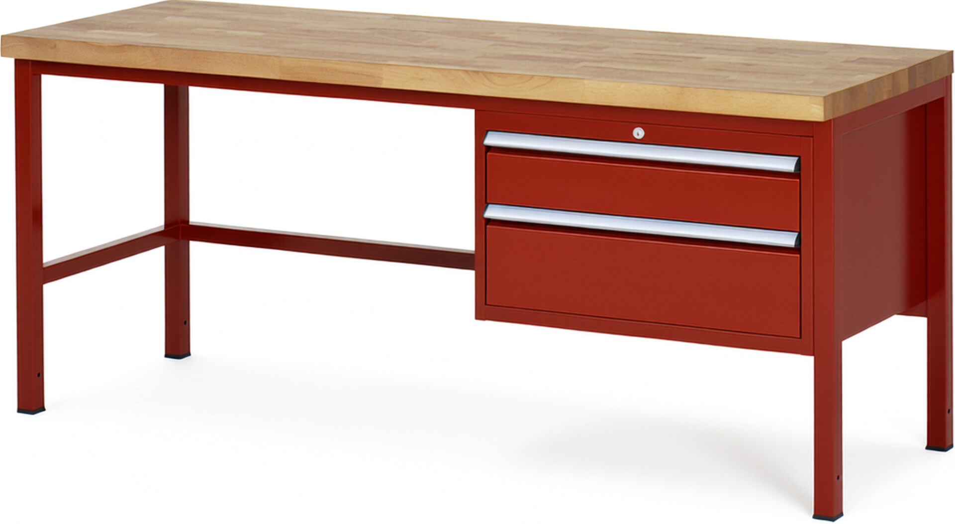 Werkbank Modell 8223 rot, BxTxH 2000x700x840-1040 mm,  Buche-Massiv Arbeitsplatte 40 mm,  2 Schubladen mit  Auszug 90 %