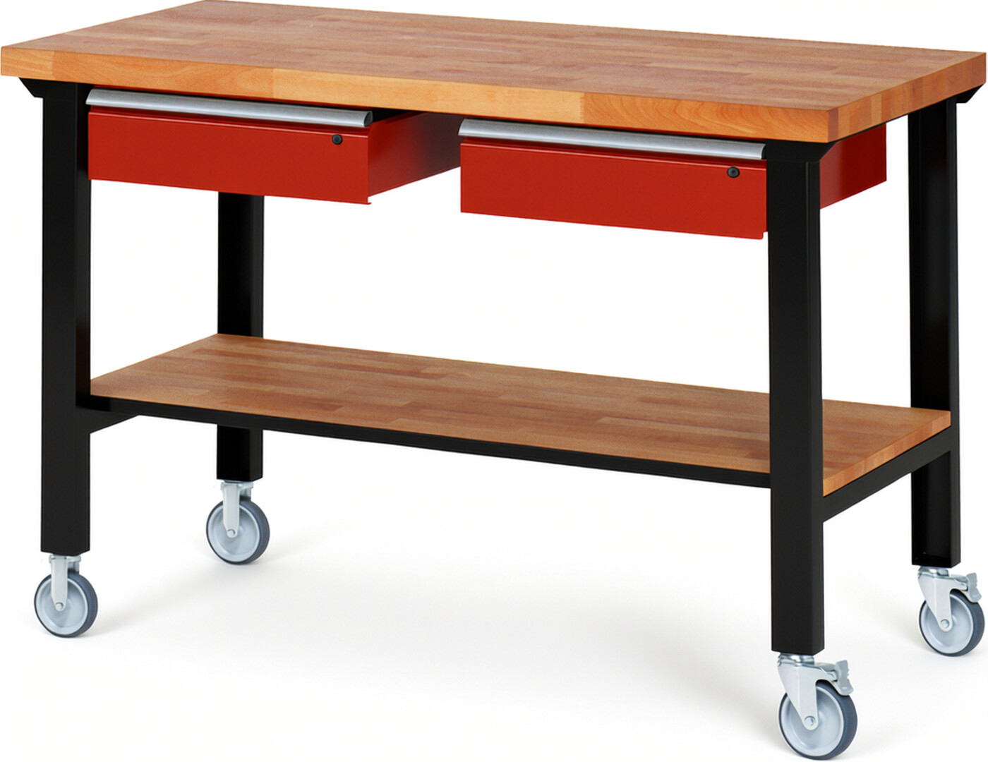 Fahrbare Werkbank Modell 7002 schwarz-rot, BxTxH 1500x700x1000 mm,  Buche-Massiv Arbeitsplatte 40 mm,  2 Schubladen mit  Auszug 90 %