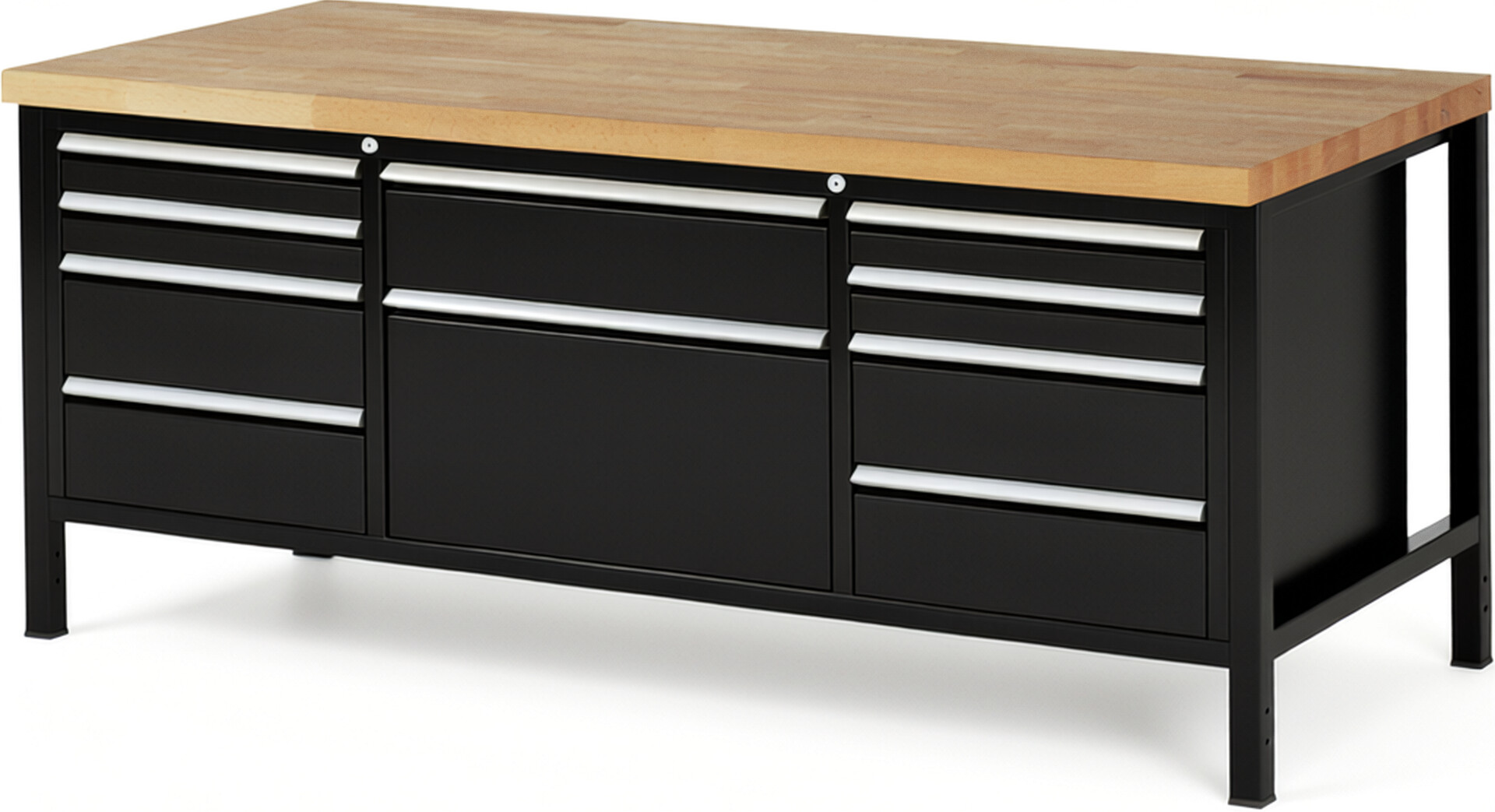 Werkbank Modell 8755 schwarz, BxTxH 2000x900x840 mm,  Buche-Massiv Arbeitsplatte 40 mm,  10 Schubladen mit  Vollauszug 100 % und  SoftClosing