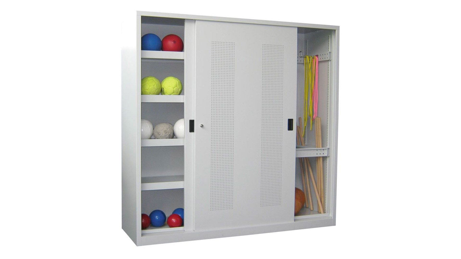 Schiebetürenschrank - Schiebetüren mit Lochfeld - Trennwand - 1.950x2.000x600 mm (HxBxT) - lichtgrau