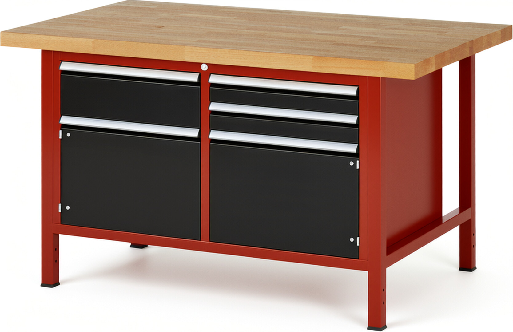 RAU Werkbank rot - schwarz - Breite 150 cm - Tiefe 90 cm - Höhe 104 cm - Buche-Massiv Arbeitsplatte 40 mm