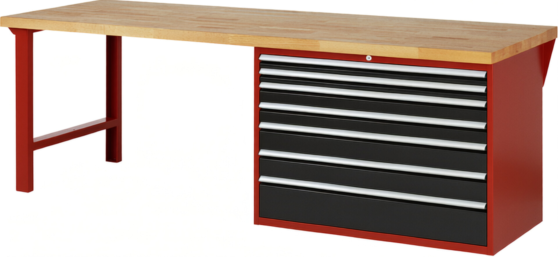 Werkbank Modell 7717 rot - schwarz, BxTxH 2500x900x840 mm,  Buche-Massiv Arbeitsplatte 40 mm,  7 Schubladen mit  Auszug 90 %