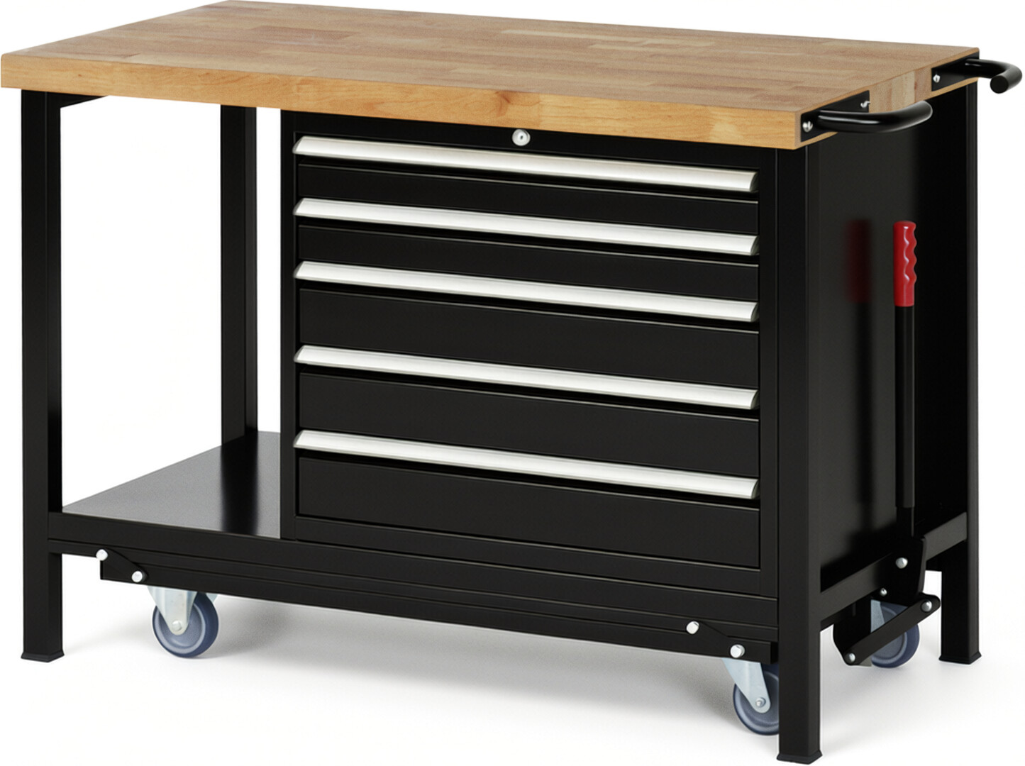 Absenkbare Werkbank Modell 8271 schwarz, BxTxH 1250x700x880 mm,  Buche-Massiv Arbeitsplatte 40 mm,  5 Schubladen mit  Auszug 90 %