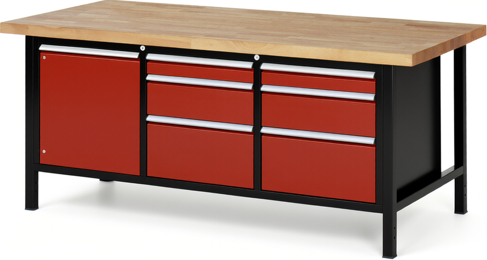 RAU Werkbank schwarz - rot - Breite 200 cm - Tiefe 90 cm - Höhe 104 cm - Buche-Massiv Arbeitsplatte 40 mm