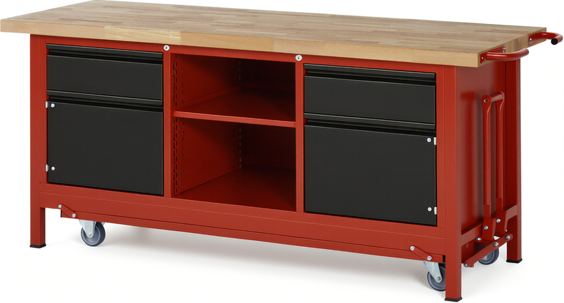 Absenkbare Werkbank - Modell 8561 BASIC rot - schwarz, BxTxH 2000x700x880 mm,  Buche-Massiv Arbeitsplatte 40 mm,  2 Schubladen mit  Auszug 90 %