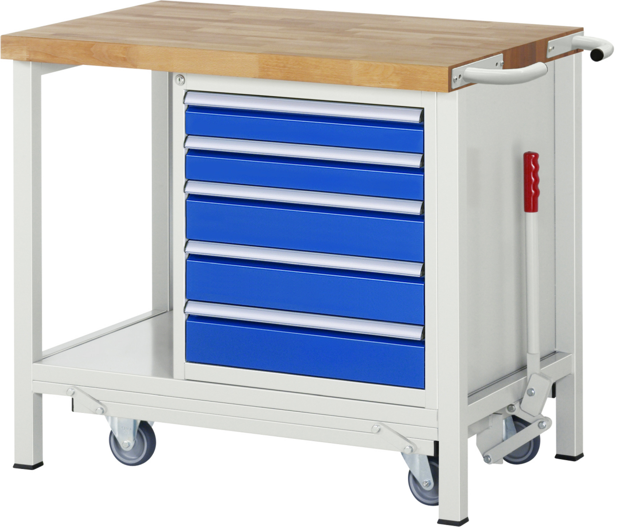 Absenkbare Werkbank Modell 8171 rot - schwarz, BxTxH 1000x700x880 mm,  Buche-Massiv Arbeitsplatte 40 mm,  5 Schubladen mit  Vollauszug 100 % und  SoftClosing