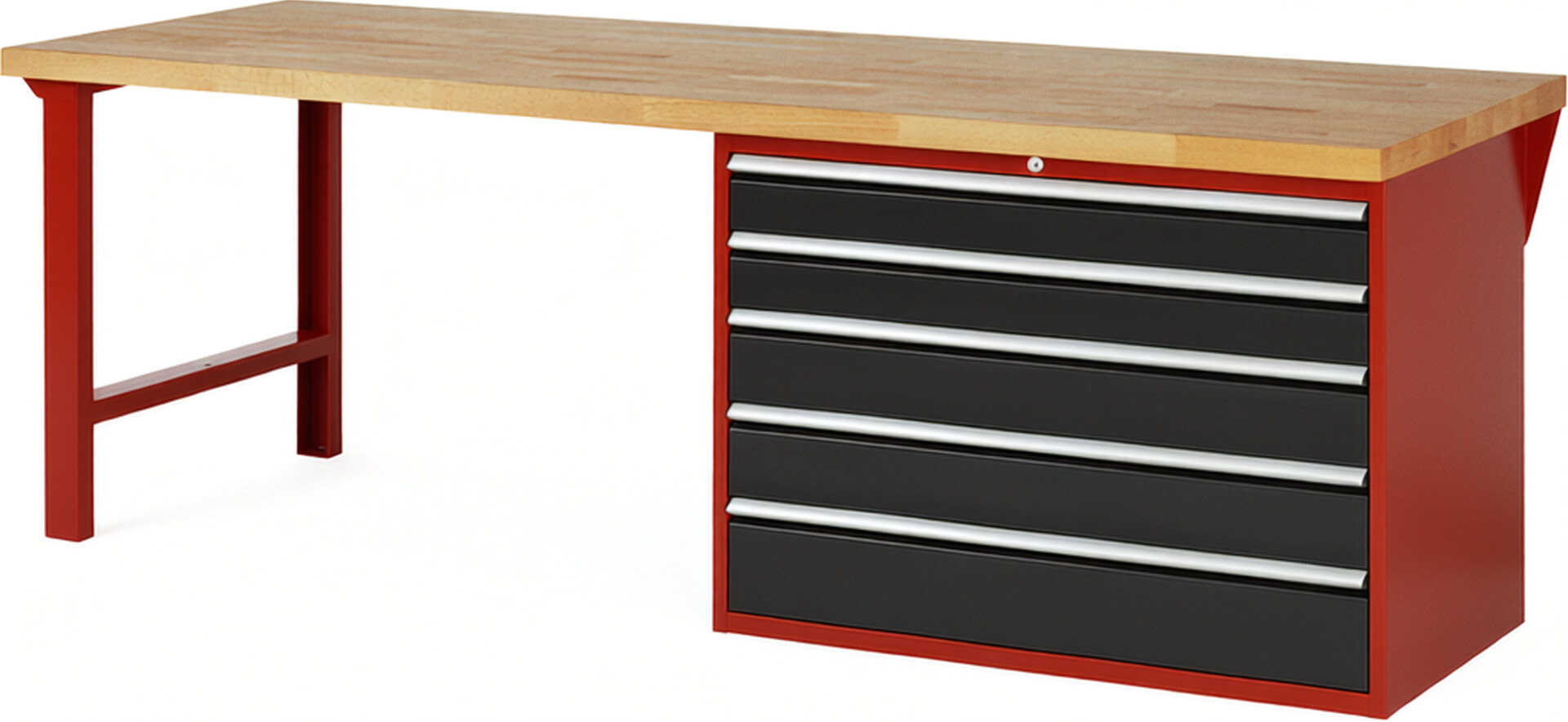Werkbank Modell 7713 rot - schwarz, BxTxH 2500x900x890 mm,  Buche-Massiv Arbeitsplatte 40 mm,  5 Schubladen mit  Auszug 90 %