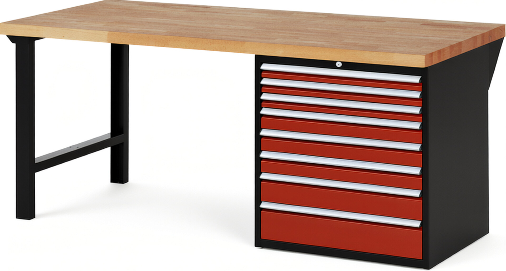 RAU Werkbank schwarz - rot - Breite 200 cm - Tiefe 90 cm - Höhe 84 cm - Buche-Massiv Arbeitsplatte 40 mm