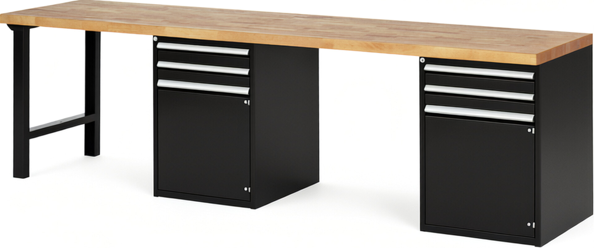 Werkbank Modell 7503 schwarz, BxTxH 3000x700x890 mm,  Buche-Massiv Arbeitsplatte 40 mm,  4 Schubladen mit  Vollauszug 100 % und  SoftClosing